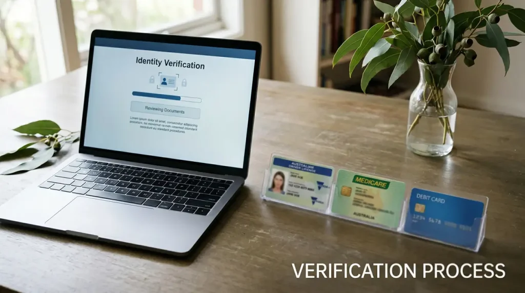 Editorial desk with identity documents, a payment card and a laptop showing a generic account security screen
