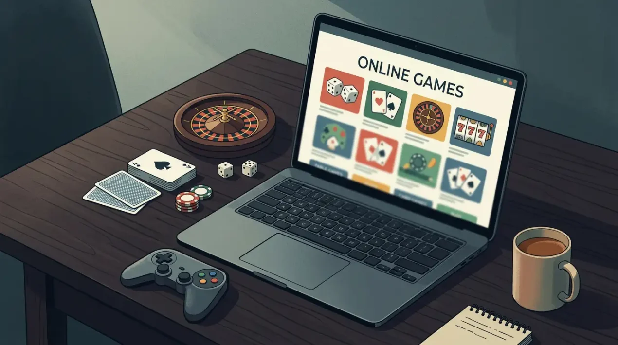 Editorial gaming catalogue scene with a laptop displaying generic game tiles beside a controller and card-table accessories