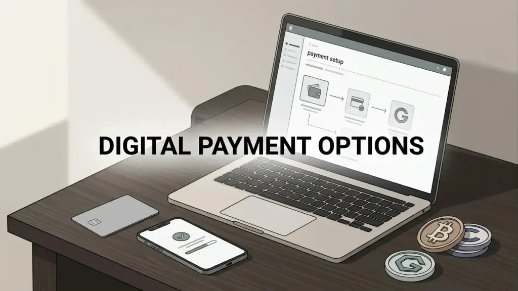 Editorial payment desk with a bank card, smartphone and abstract cryptocurrency tokens beside a laptop