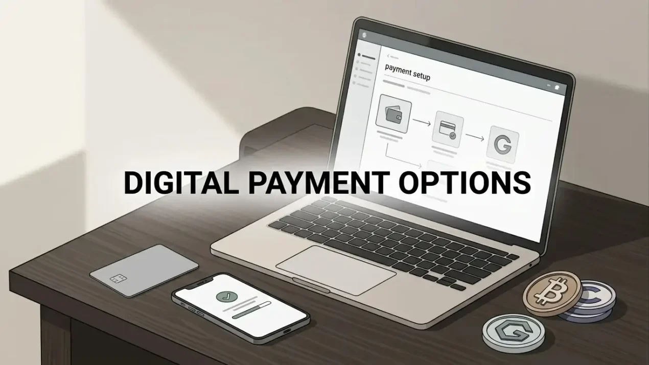 Editorial payment desk with a bank card, smartphone and abstract cryptocurrency tokens beside a laptop