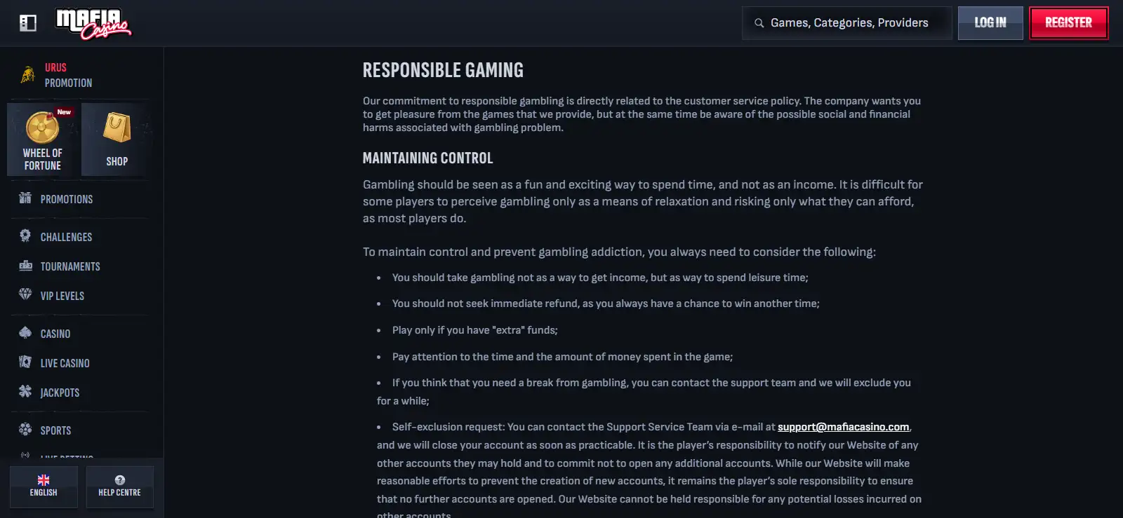 MafiaCasino responsible-gambling page showing self-exclusion guidance and support information