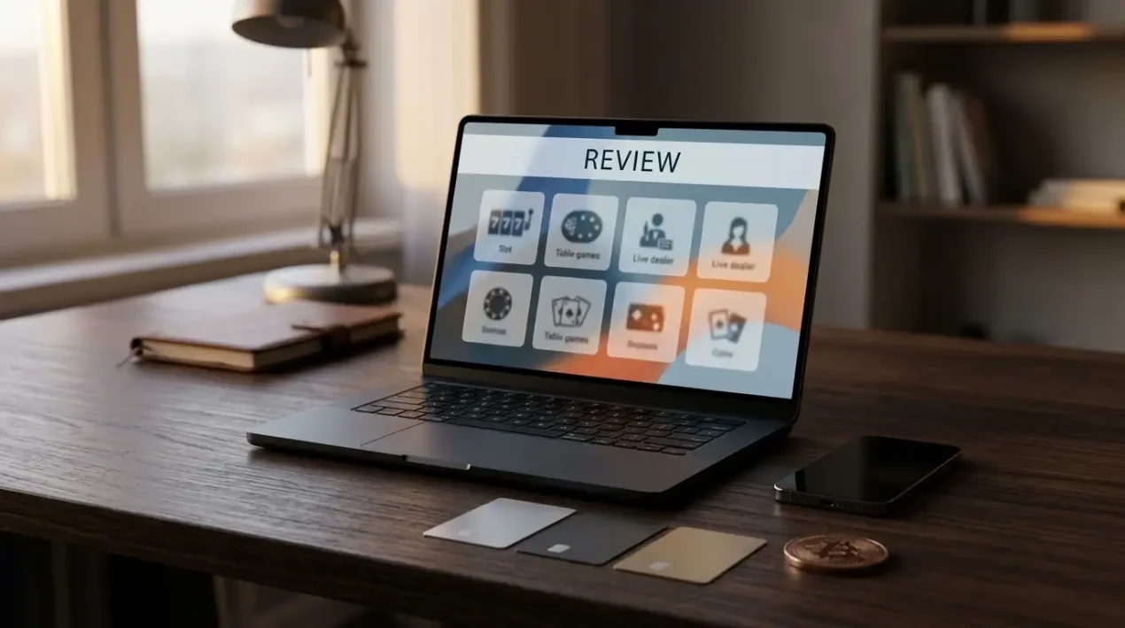 Dark editorial desk scene with a laptop, payment cards and a phone beside abstract casino-game tiles