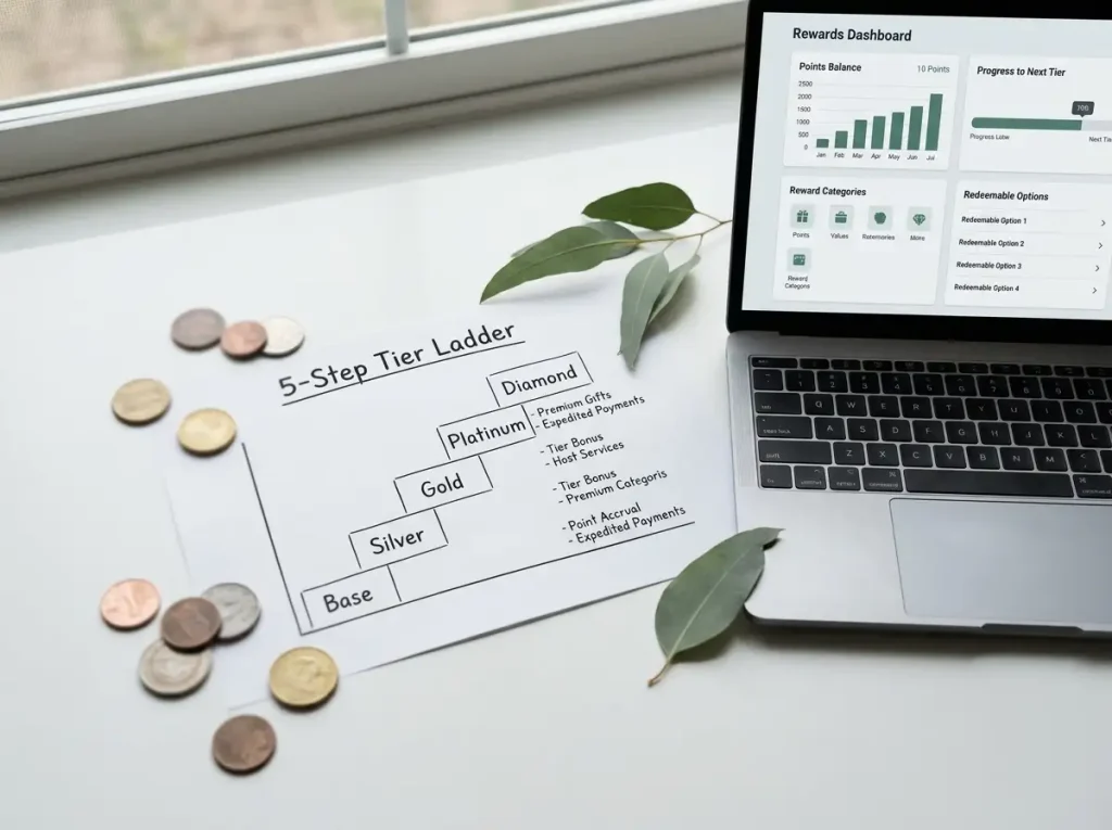 Editorial loyalty scene with abstract coin tokens, a tier ladder diagram and a laptop showing a generic rewards dashboard