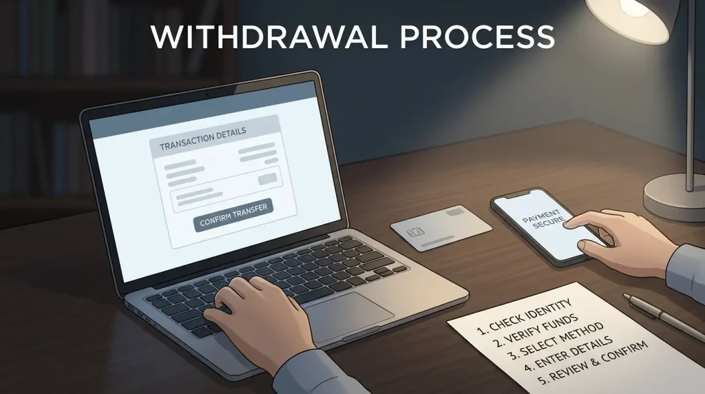 Editorial desk with a laptop showing a generic transfer screen beside a bank card, phone and paper checklist
